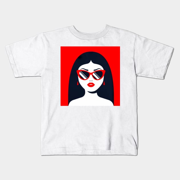 Brunette girl in sunglasses and red lipstick Kids T-Shirt by TheSkullArmy